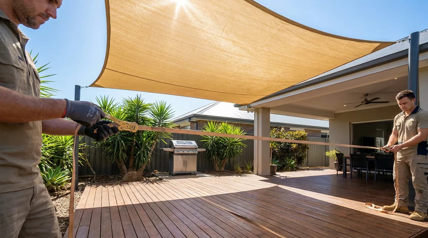 Installers tensioning a shade sail over a backyard in Ireland
