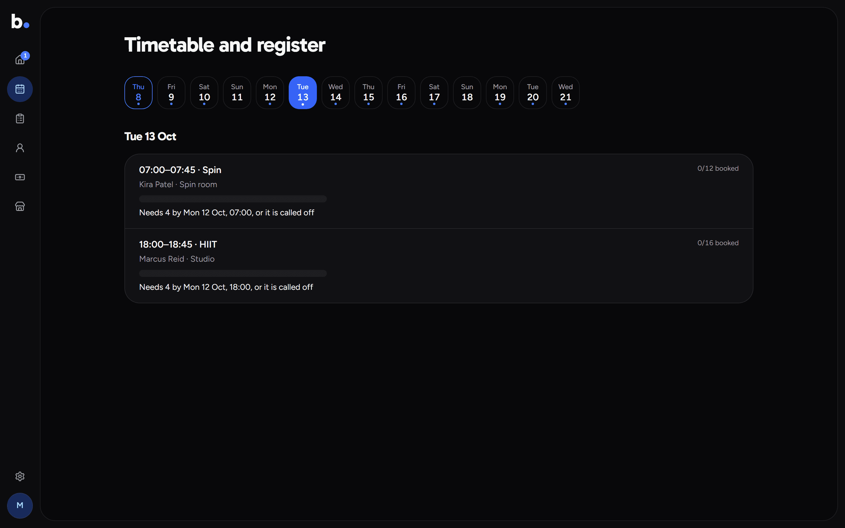 Timetable and register, listing the day's sessions with places booked