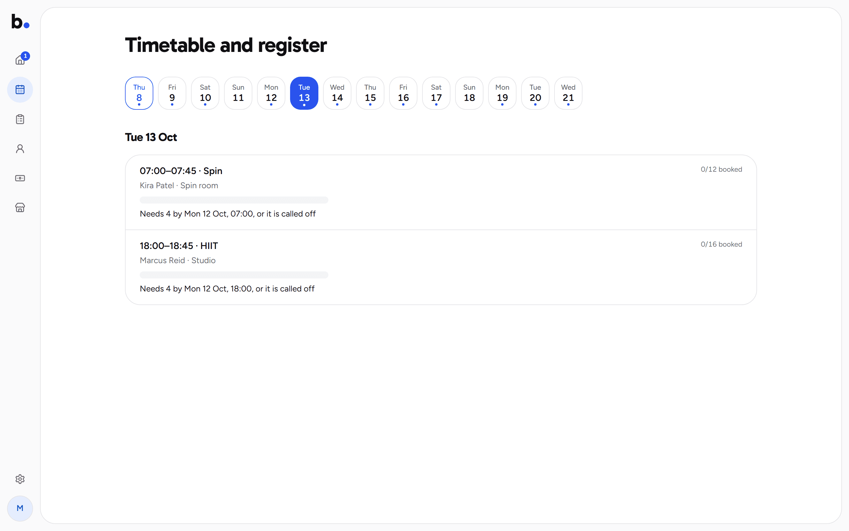 Timetable and register, listing the day's sessions with places booked