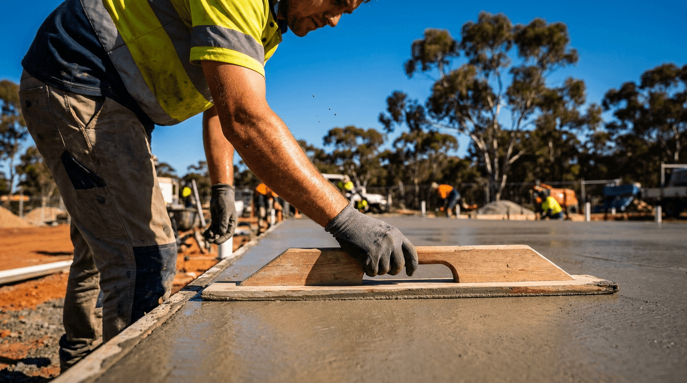 A concreter smoothing a fresh concrete slab