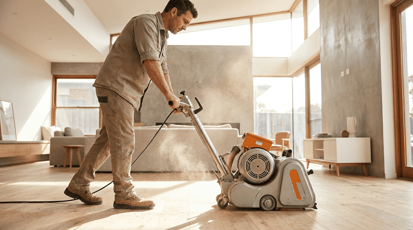 A floor sander sanding timber floorboards