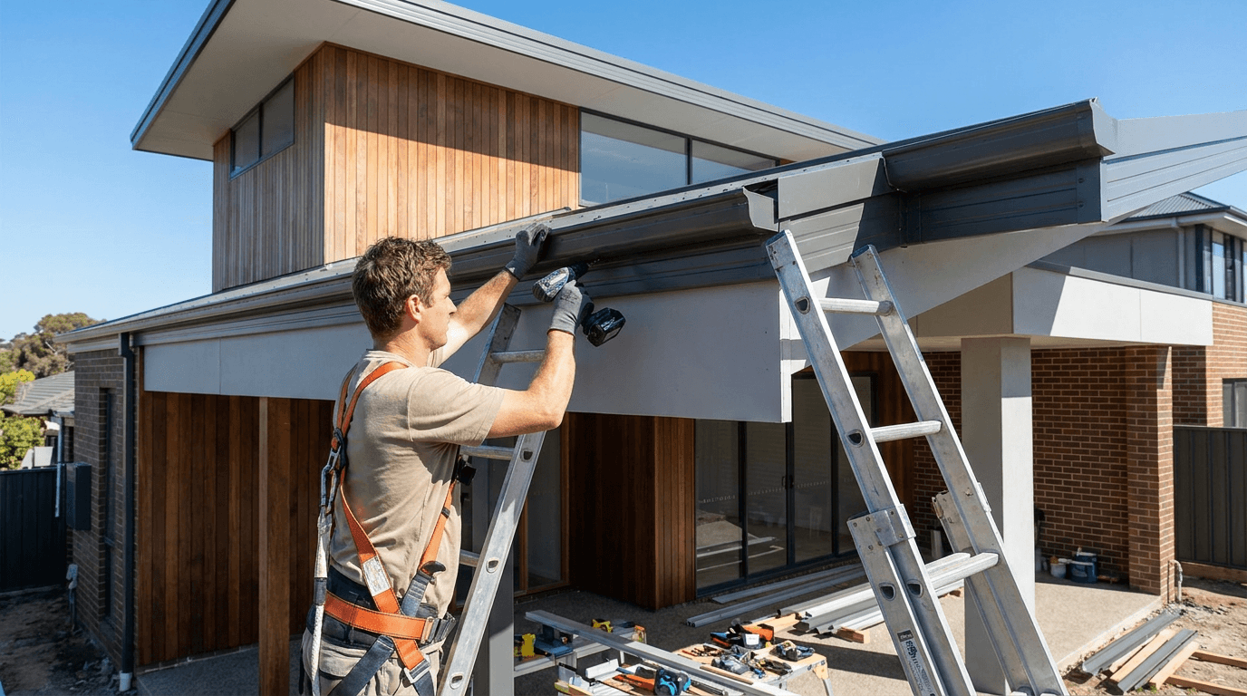 A tradesman installing new guttering along a roofline