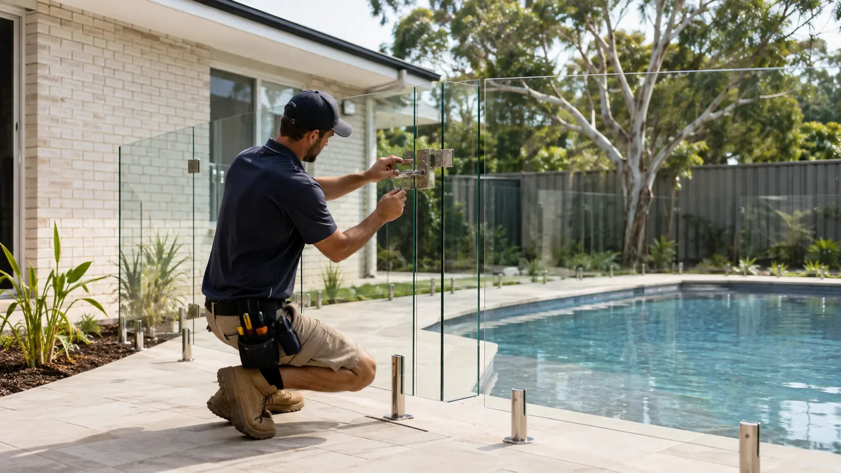 An installer fits a glass pool fence panel beside a pool at an Australian home