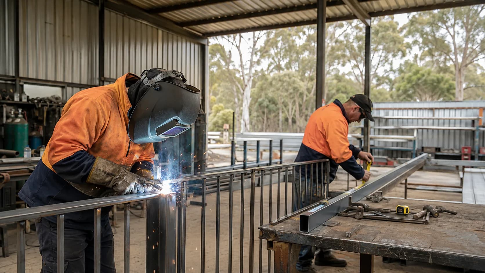 A welder joining steel in a fabrication workshop in Australia
