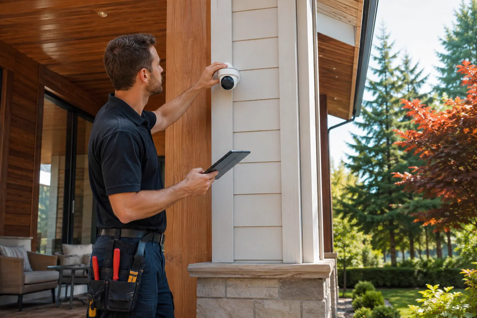 A security technician fitting a camera to a house in Canada