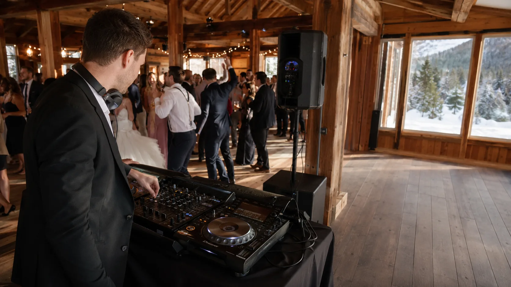 Professional DJ mixing beside a busy wedding dance floor in Canada