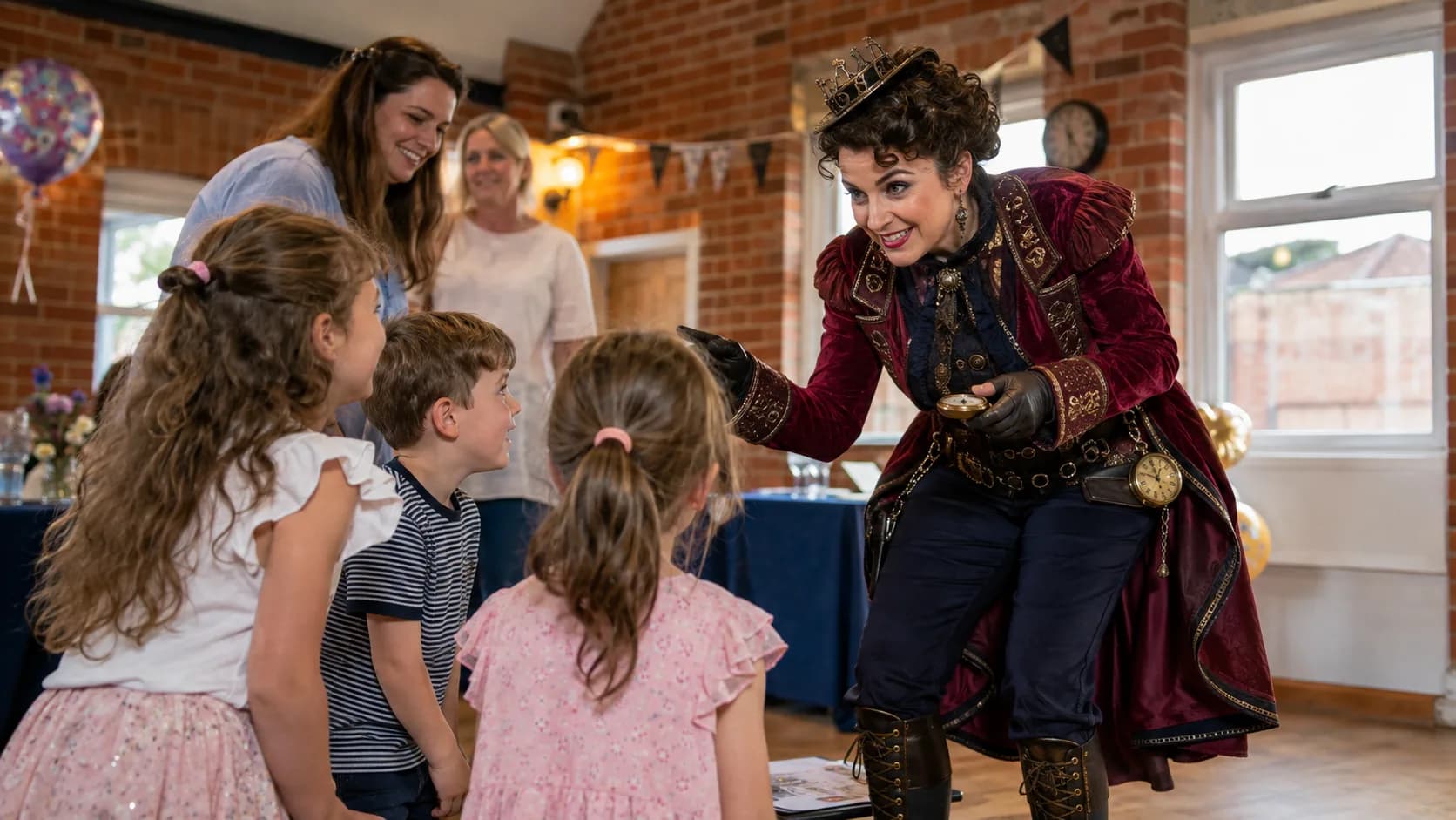 Costumed character greeting children at a booked party in the UK