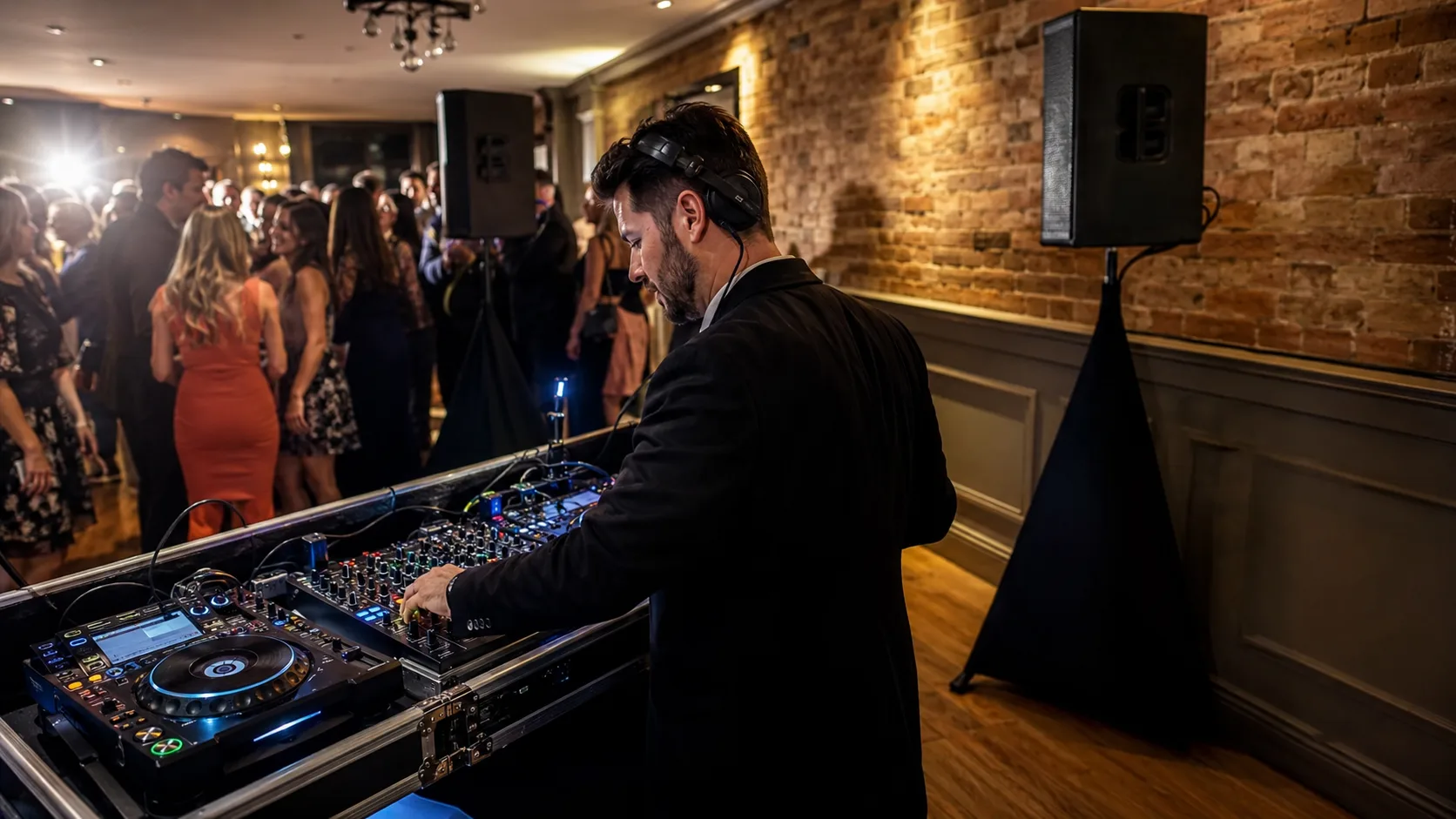 Professional DJ mixing beside a busy wedding dance floor in the UK