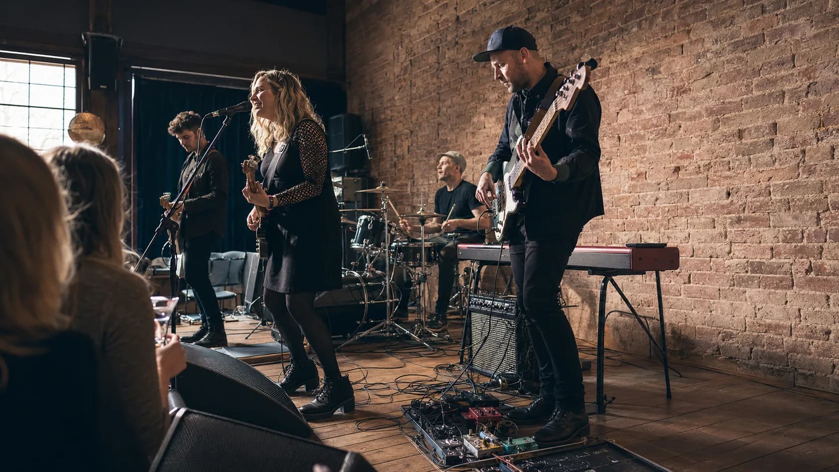 Live band performing for an engaged event crowd in the UK