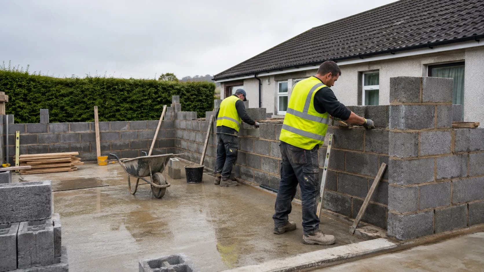 A builder framing a house extension in Ireland