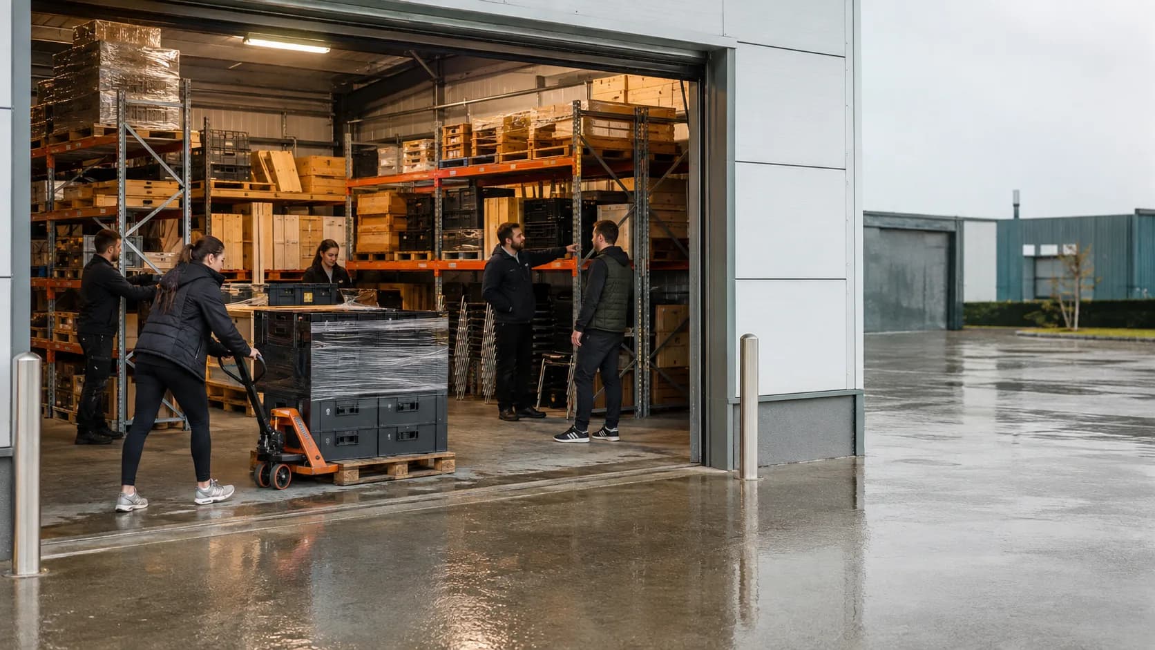 Staff guide a hirer through an active warehouse storage bay