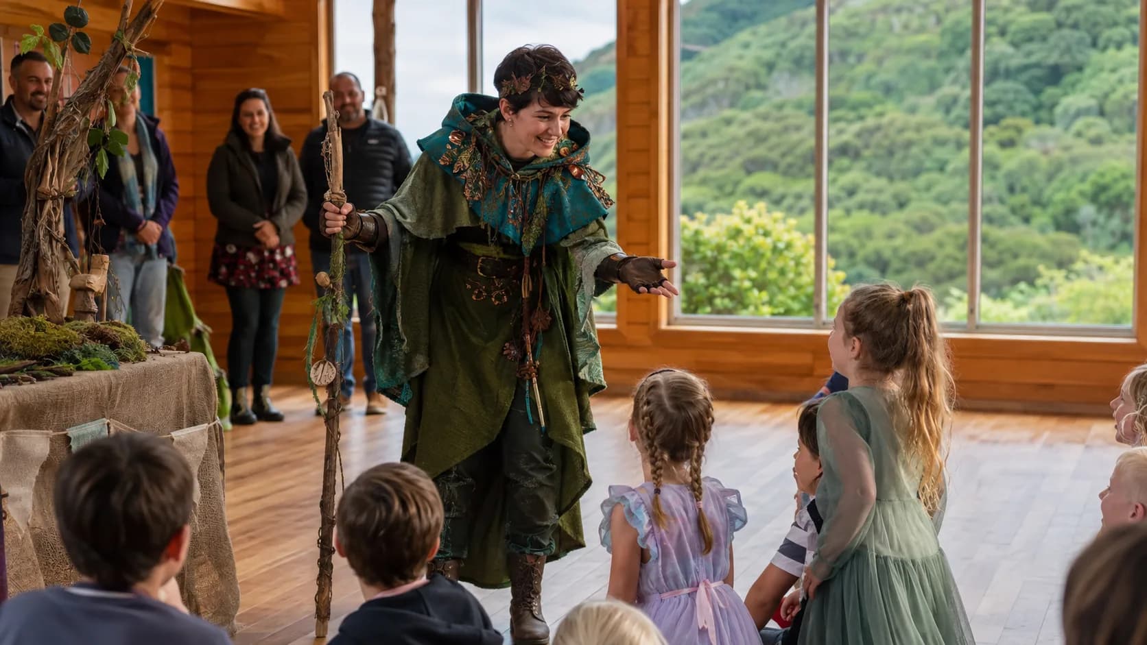 Costumed character greeting children at a booked party in New Zealand