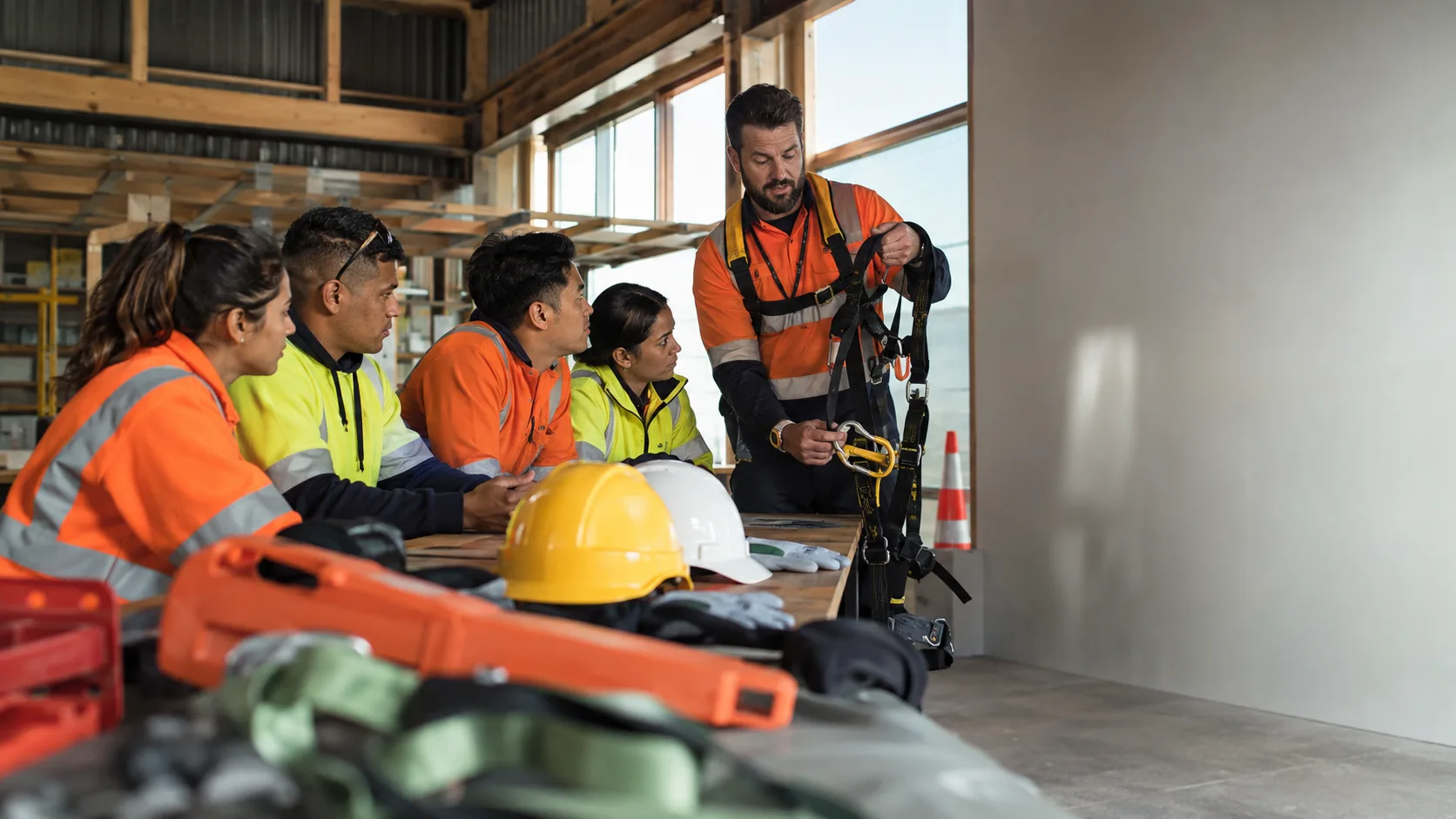 Builders in hard hats seated at a Site Safe course table in a New Zealand training room