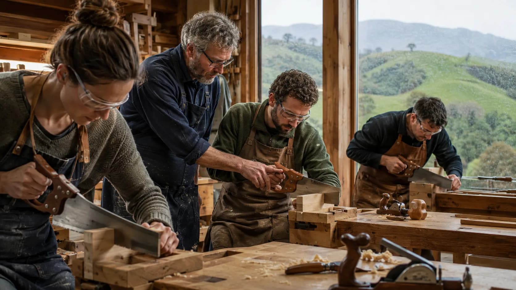 A woodwork tutor working with learners at vice-fitted benches beside a bandsaw in New Zealand