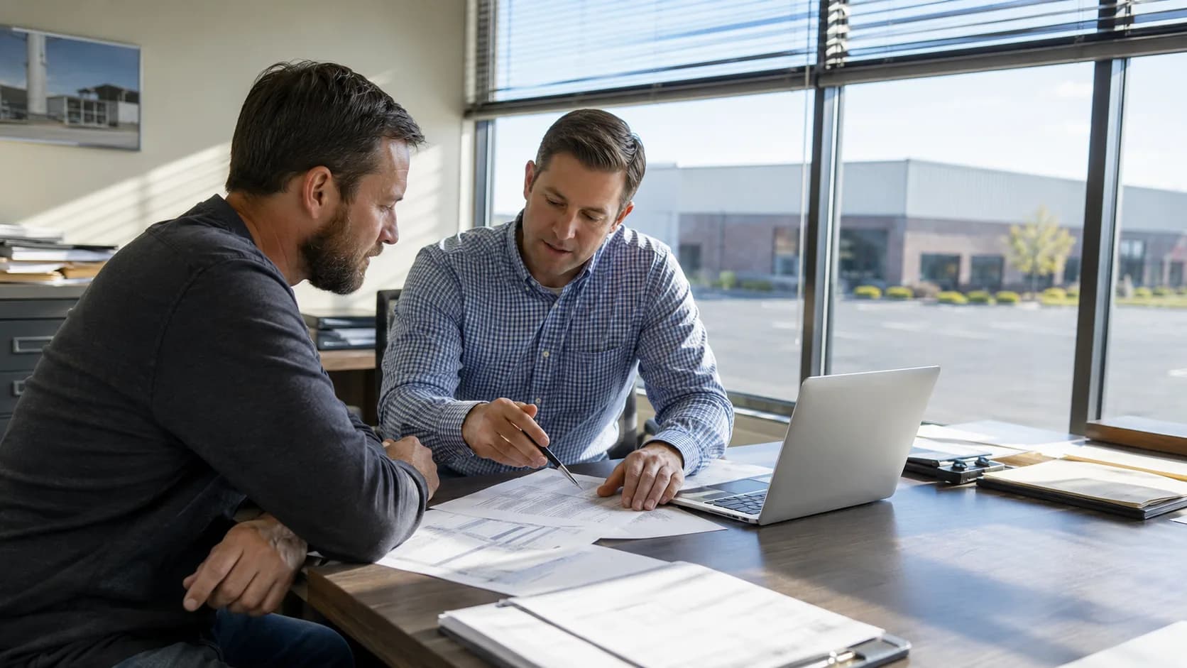 An accountant reviews financial papers with a small-business client in the US