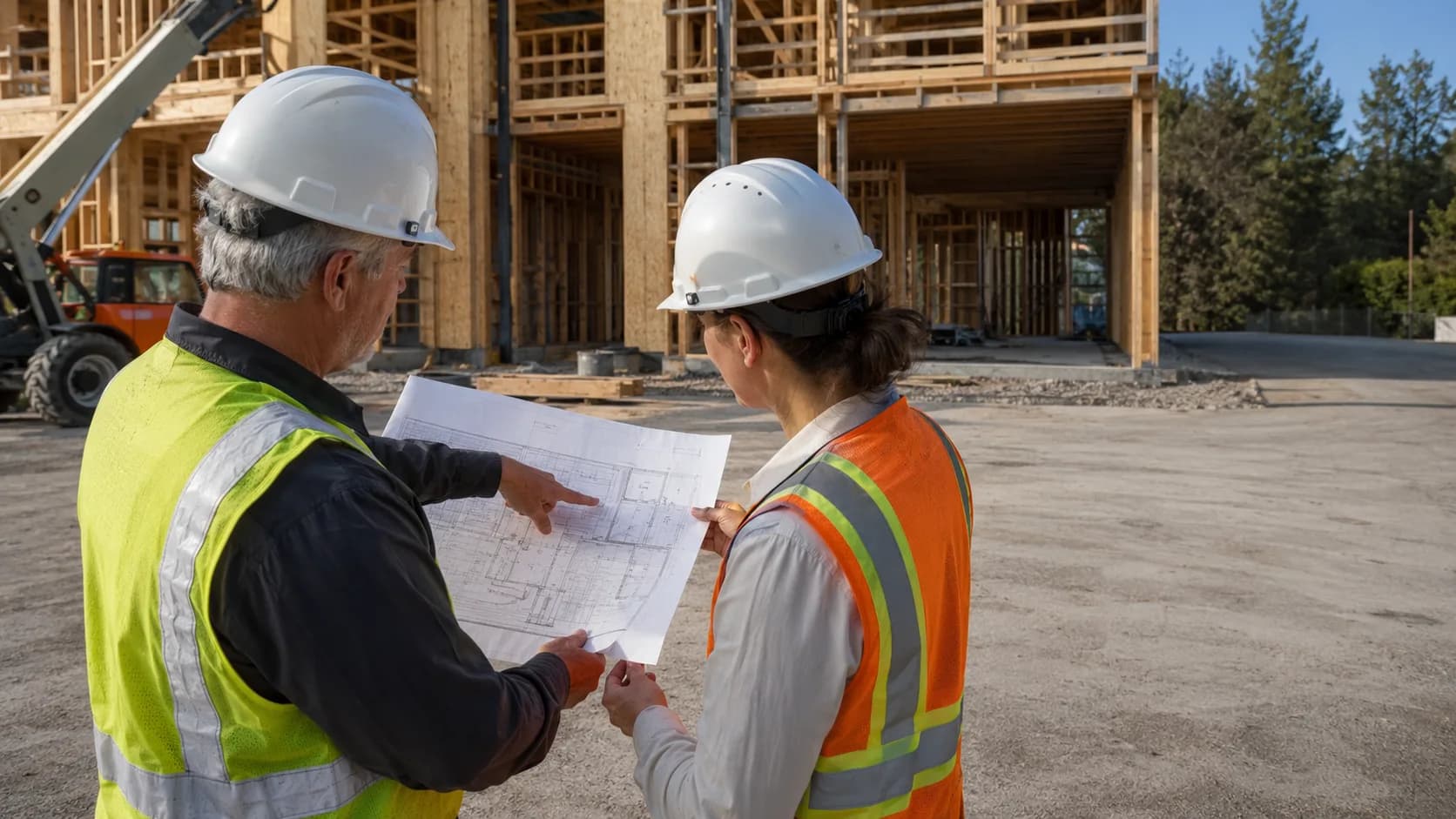 An architect reviews building plans with a client in the US