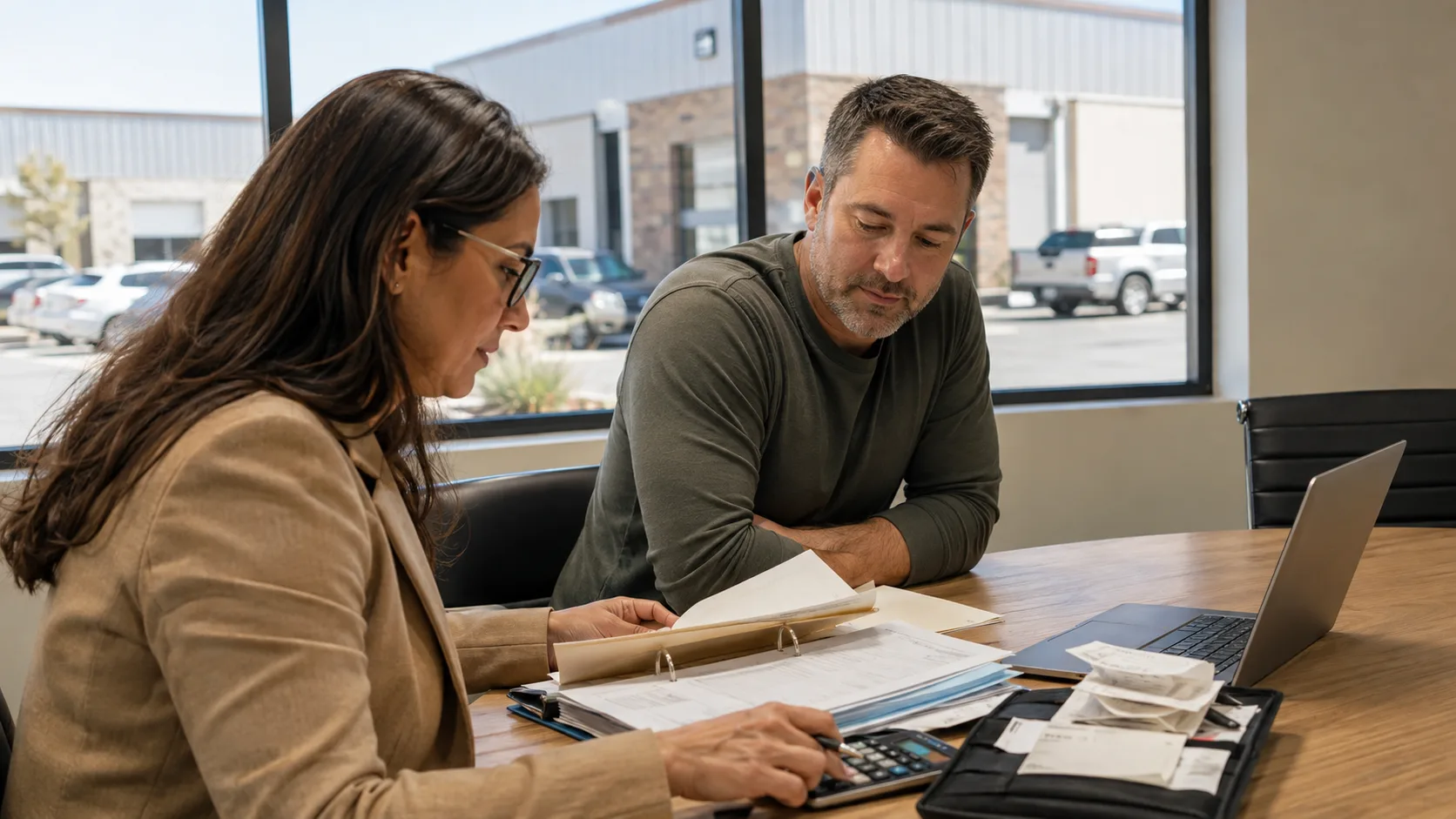 A bookkeeper works through receipts and records with a client in the US