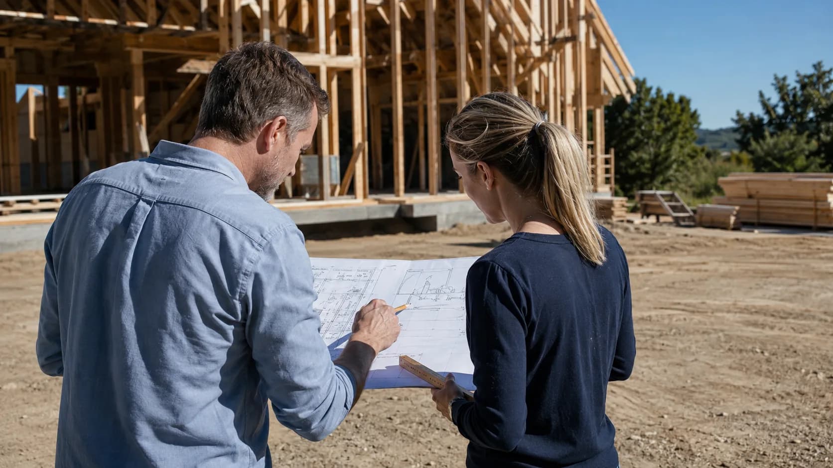 A building designer reviews residential plans with a client in the US