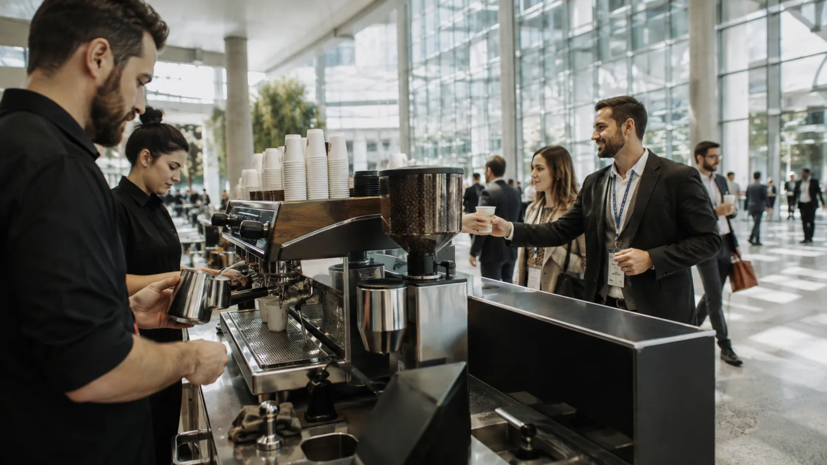 the US coffee cart team serving delegates in a large conference lobby