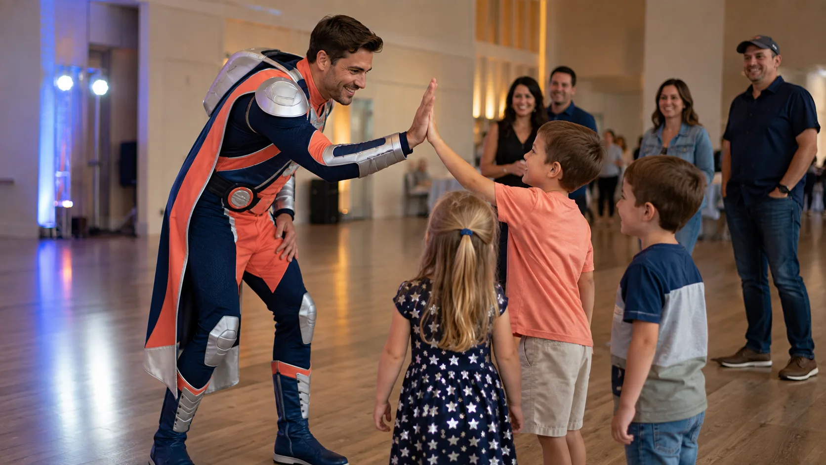 Costumed character greeting children at a booked party in the US