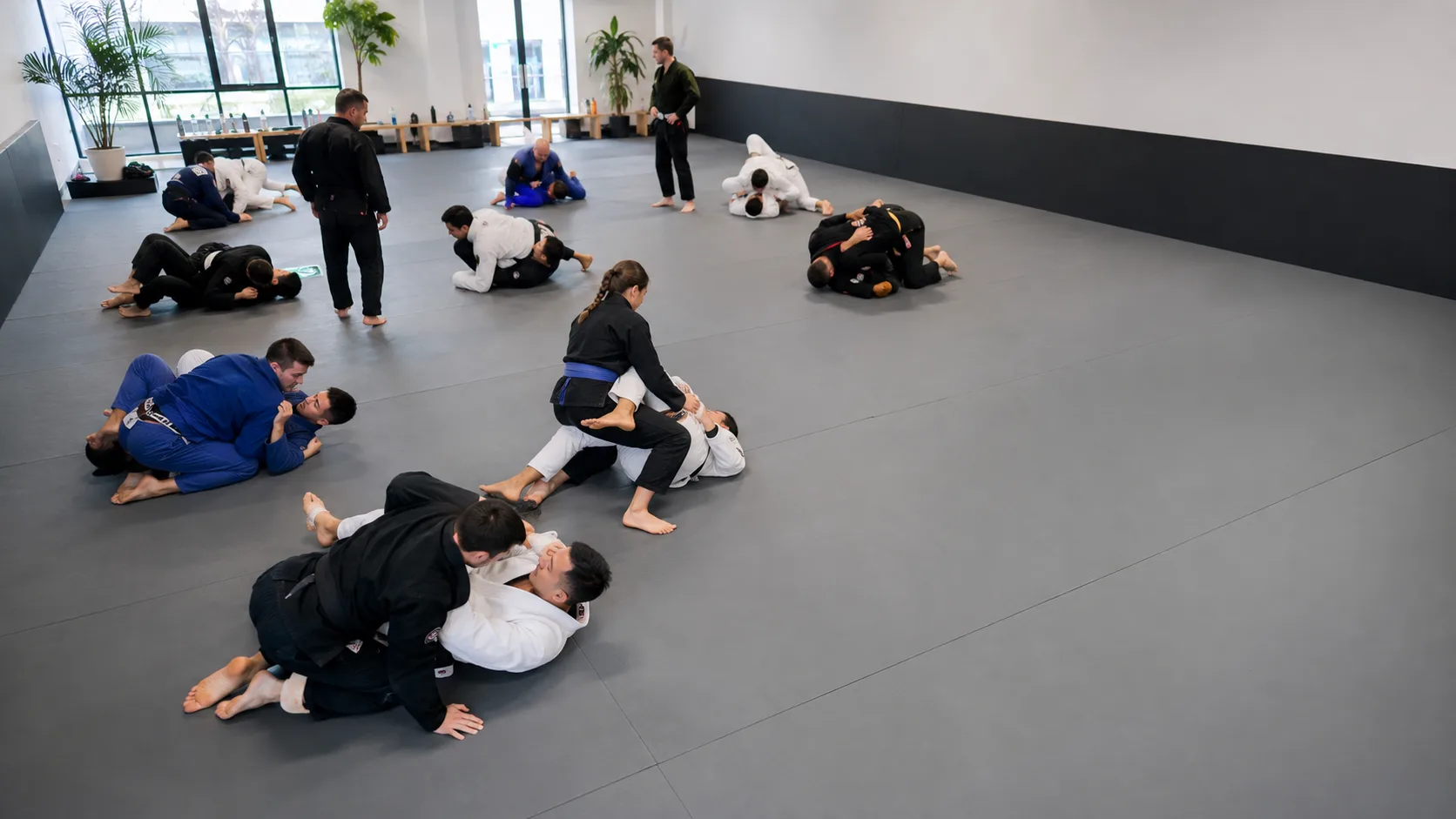 Martial artists train across a busy commercial dojo in the US