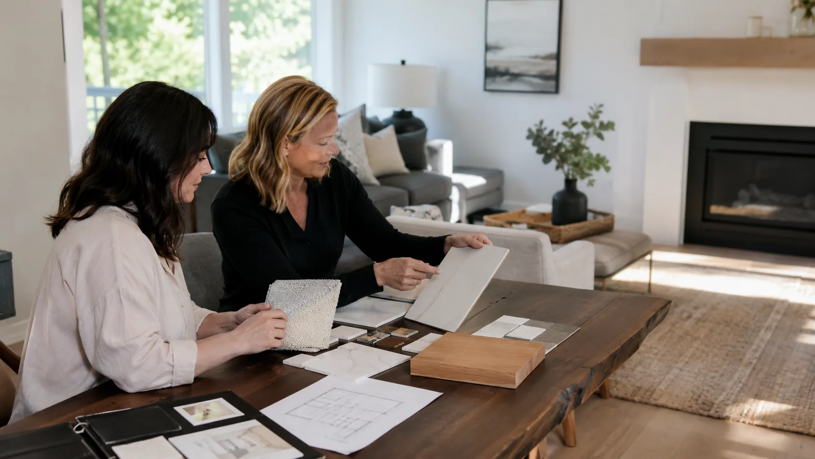 An interior designer compares material samples in a client home in the US