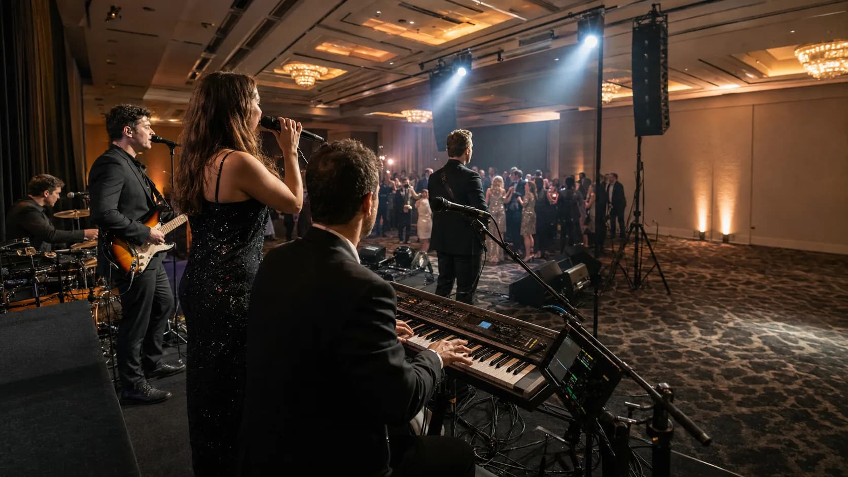 Live band performing for an engaged event crowd in the US