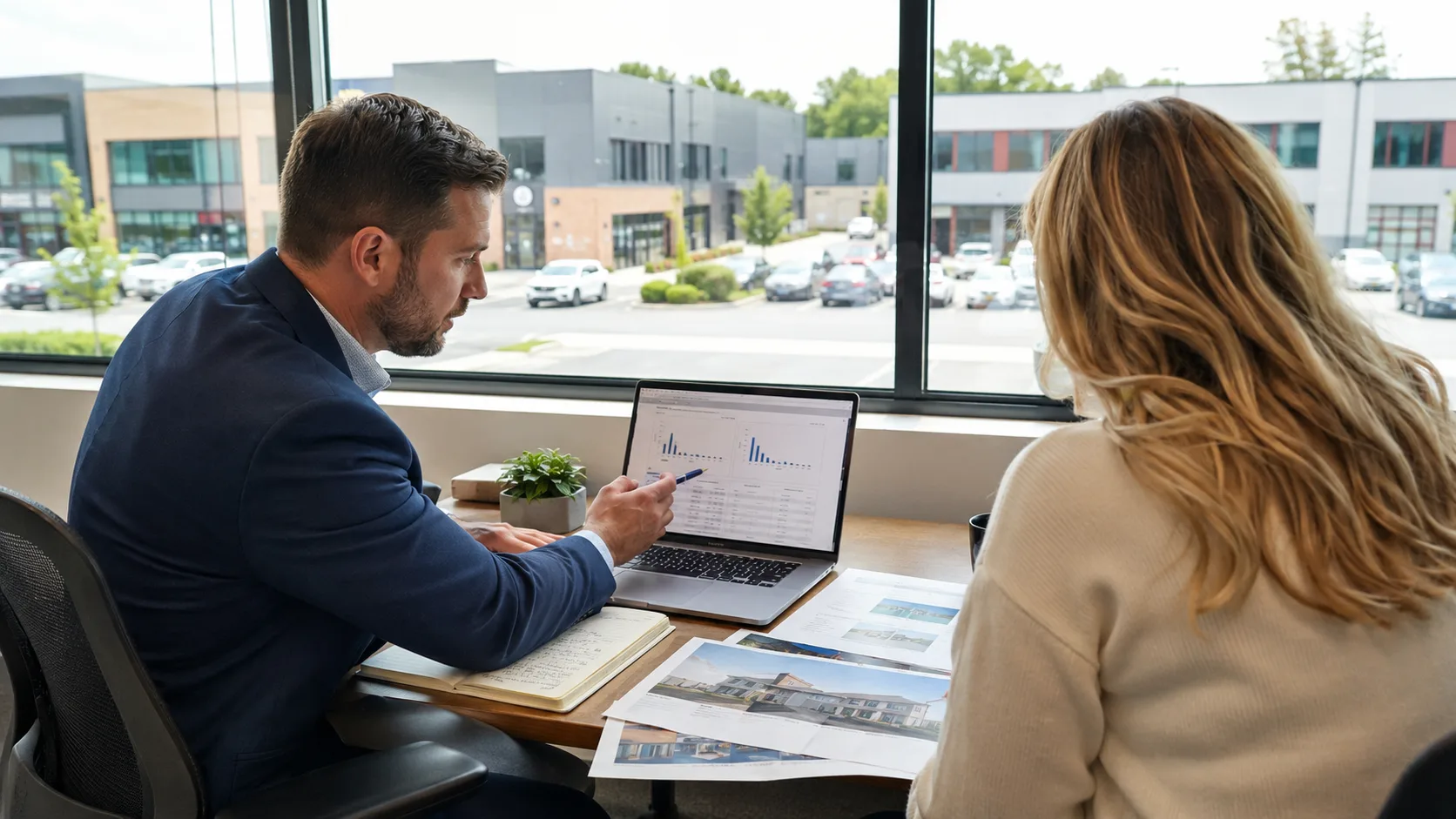 A mortgage broker compares lending scenarios with a buyer in the US