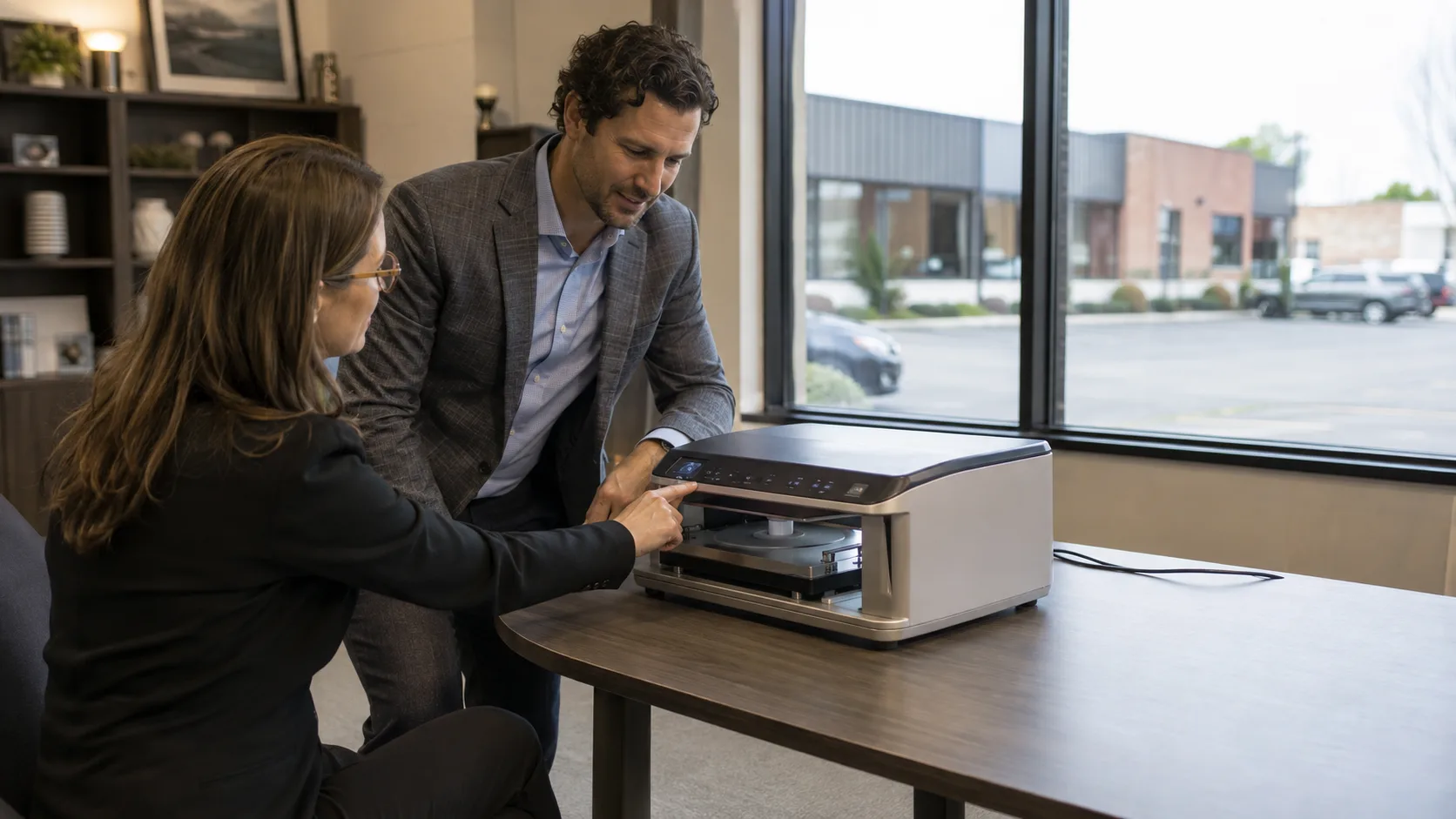 A product specialist demonstrates a device to a customer in the US