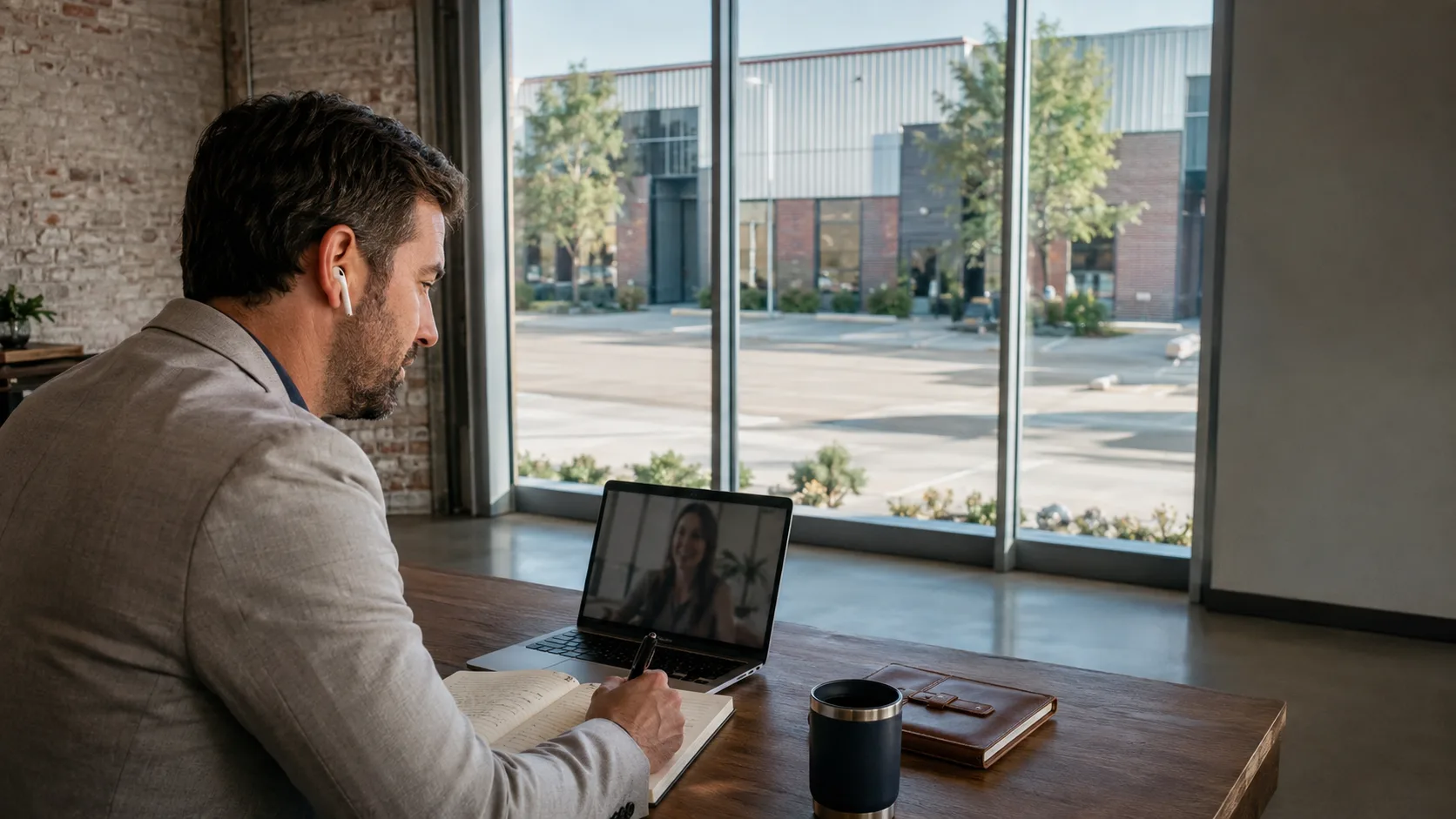 A sales professional takes notes during a scheduled video call in the US