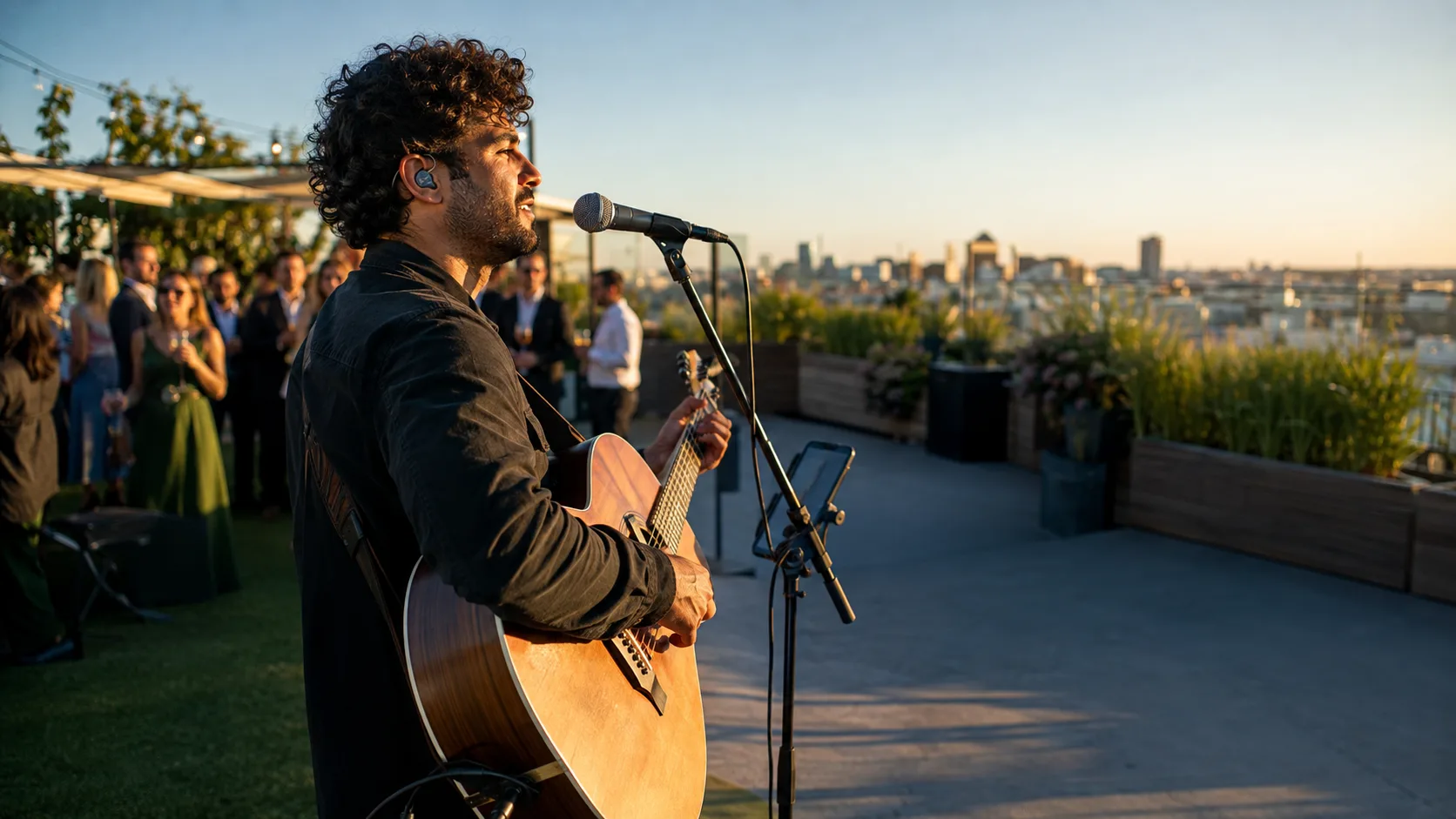 Solo musician performing live music for guests at an event in the US