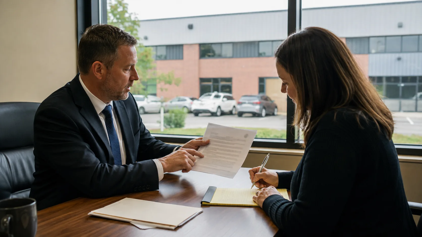 A solicitor discusses a legal document with a client in the US