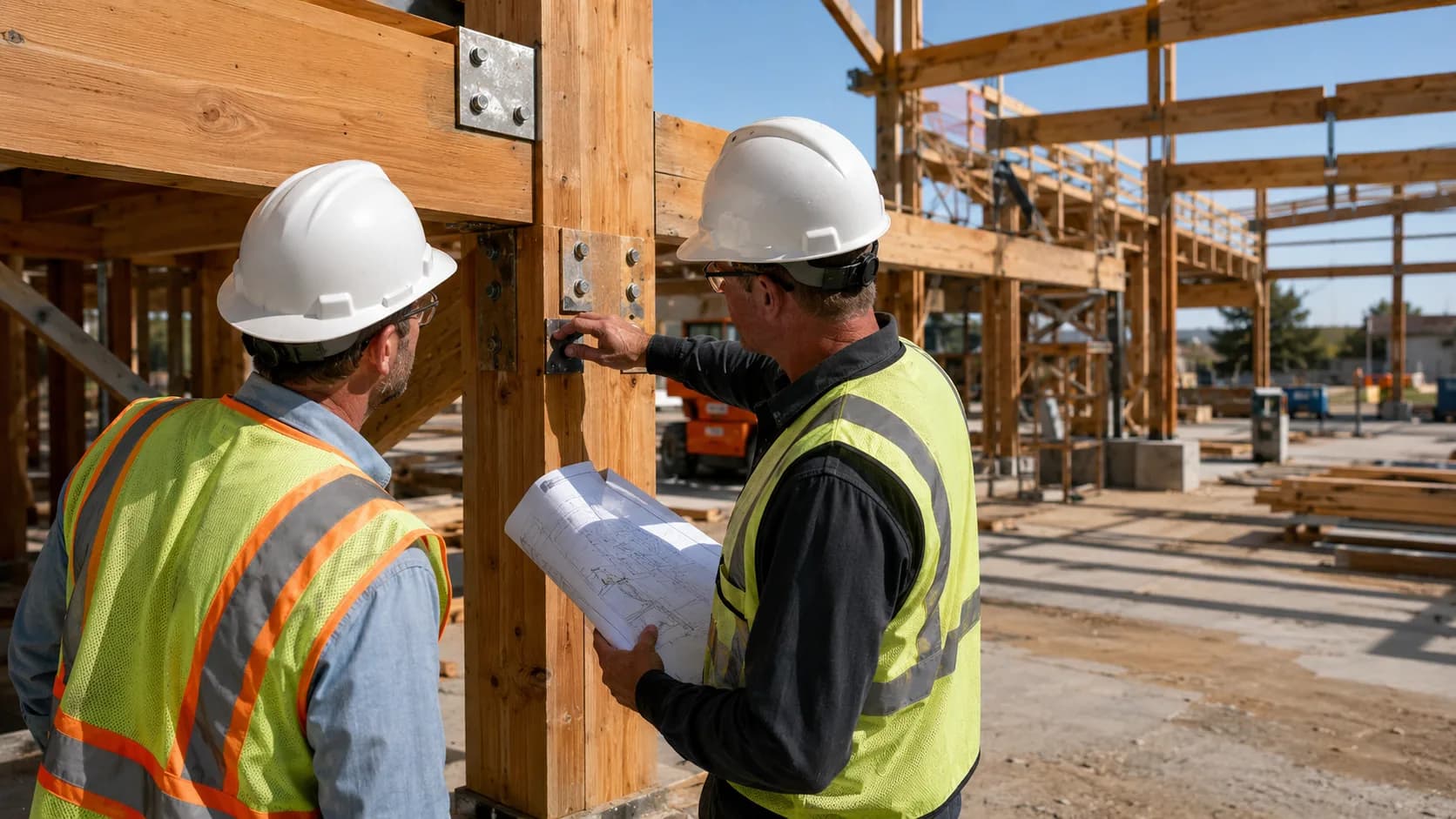 A structural engineer inspects a building connection on site in the US