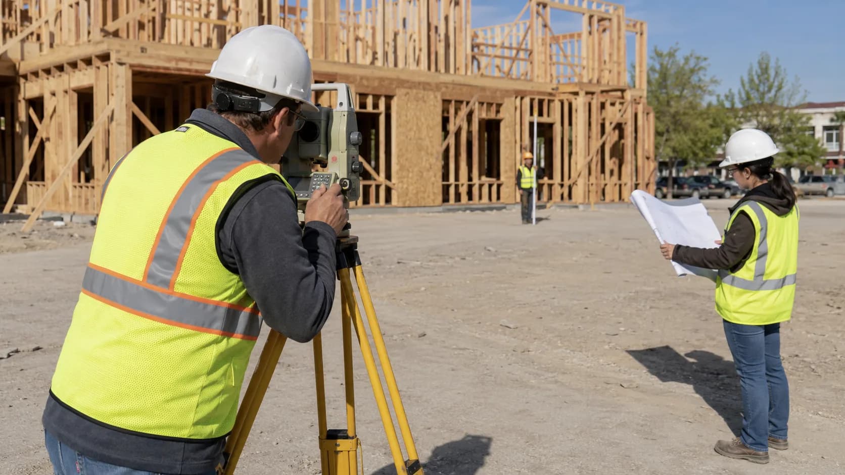 A surveyor takes site measurements using professional equipment in the US