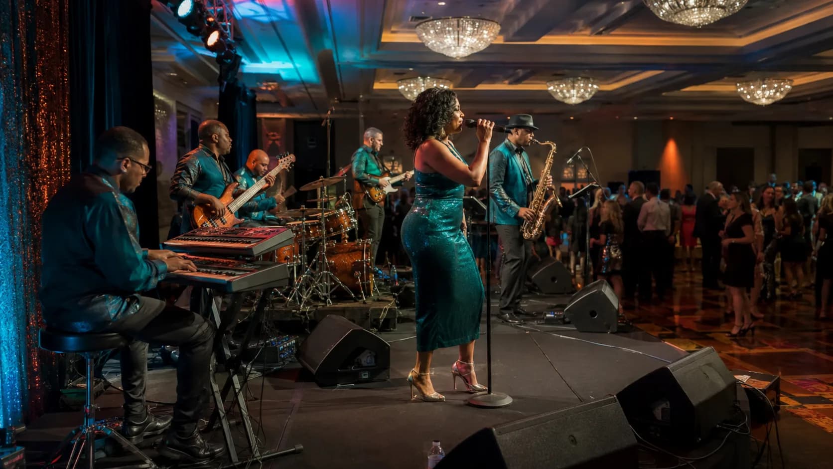 Cover band performing a lively live set for event guests in the US