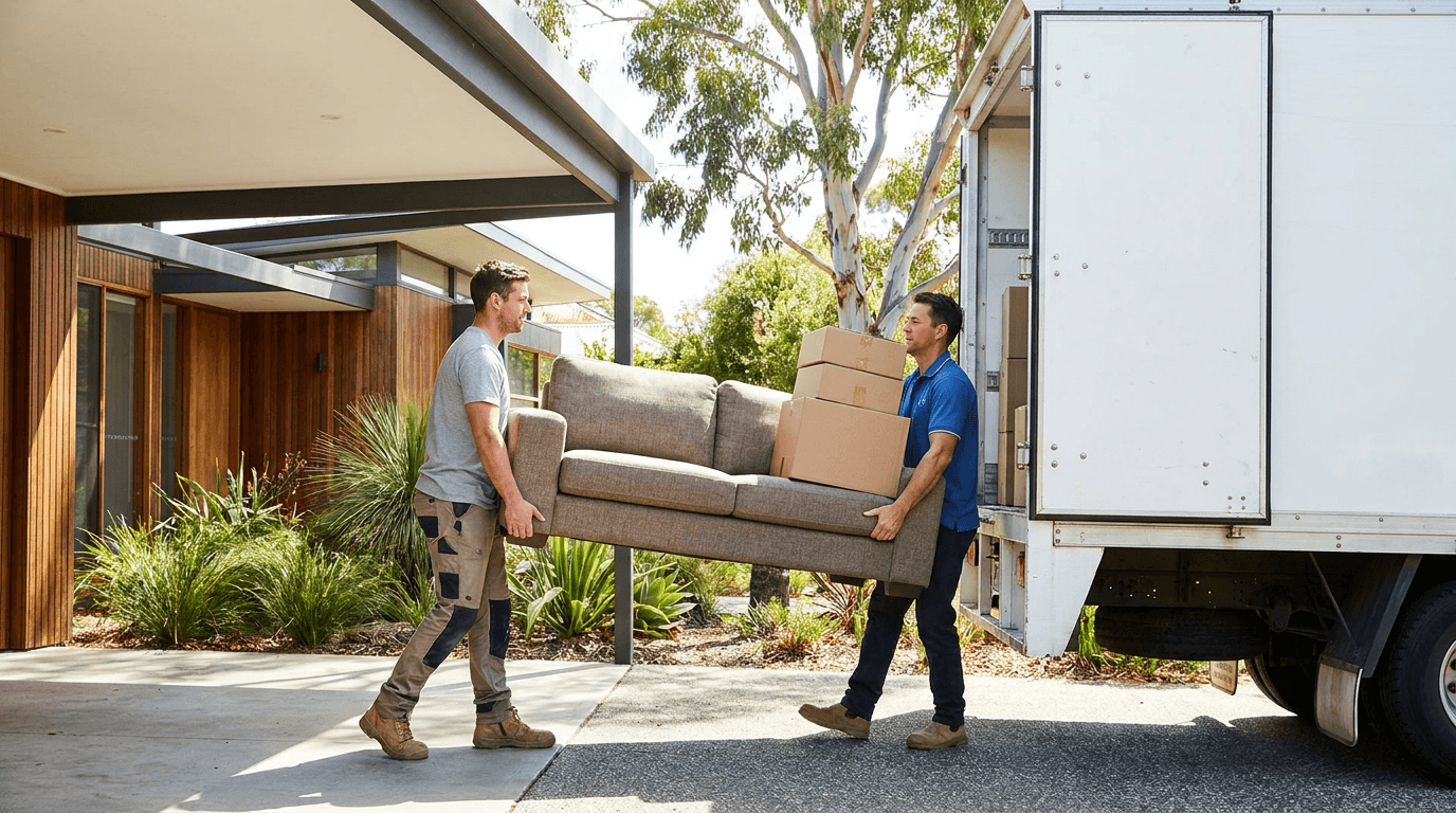Two removalists carrying a sofa into a truck outside a modern home