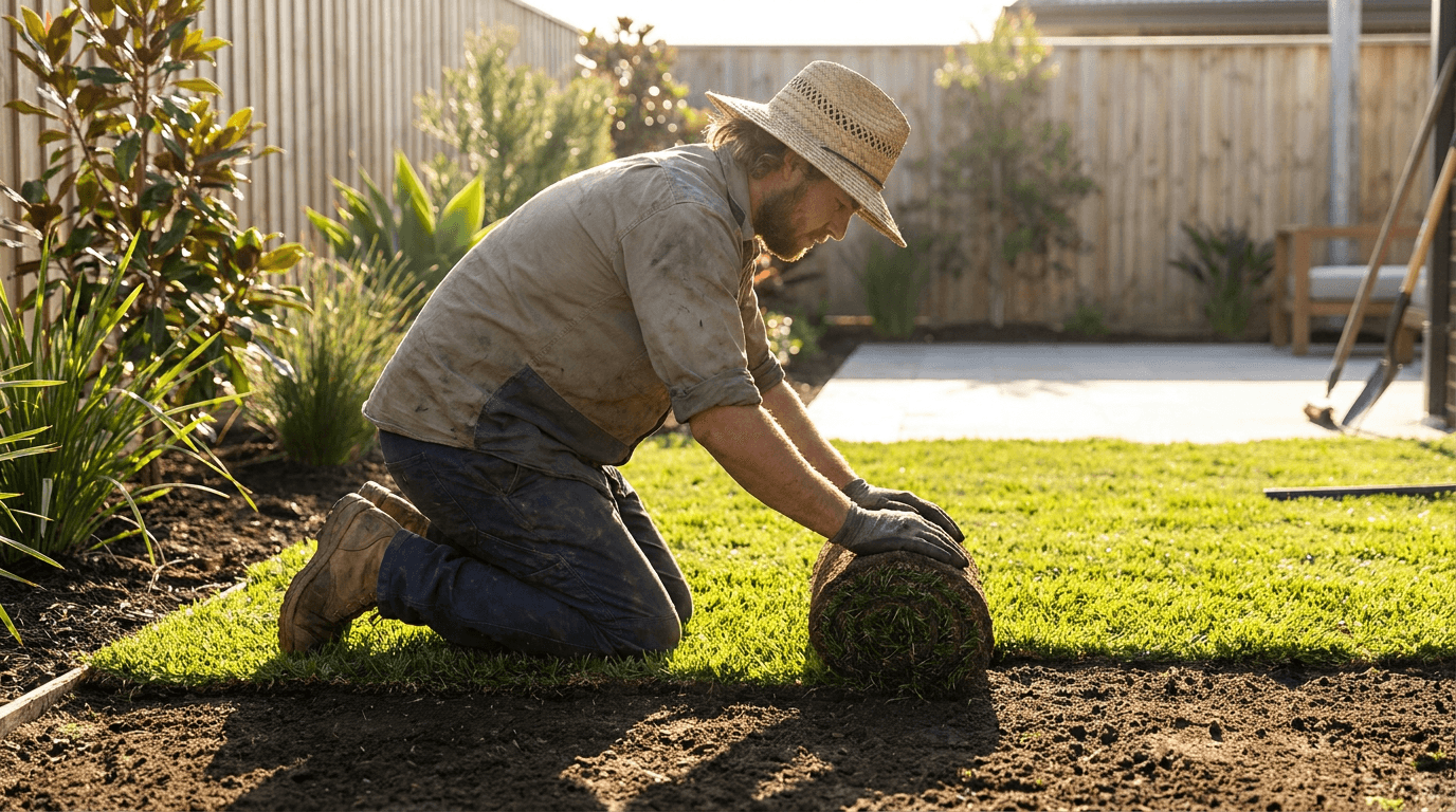 A landscaper unrolling fresh turf in a backyard