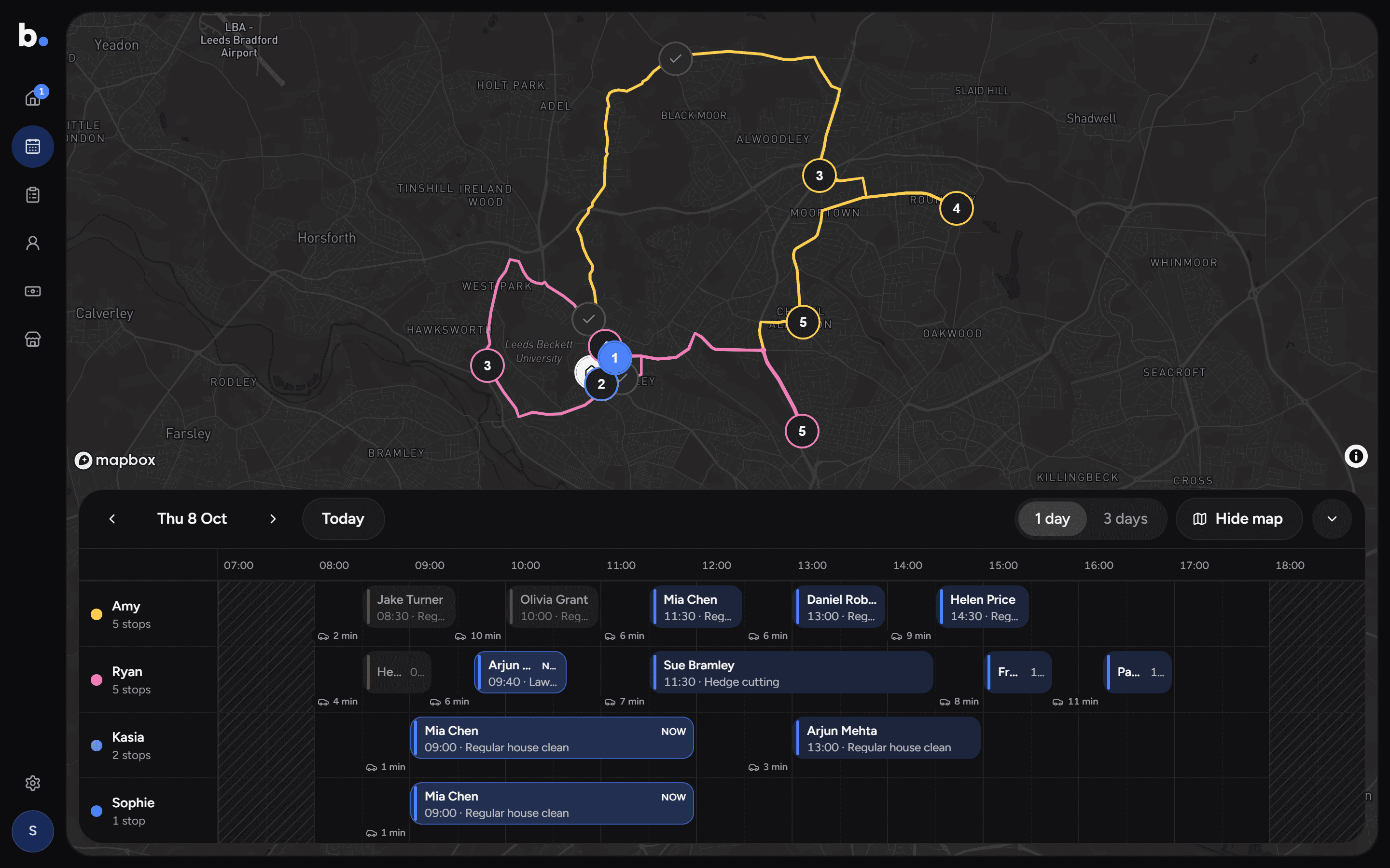 The Schedule: the team timeline beside a map of the day