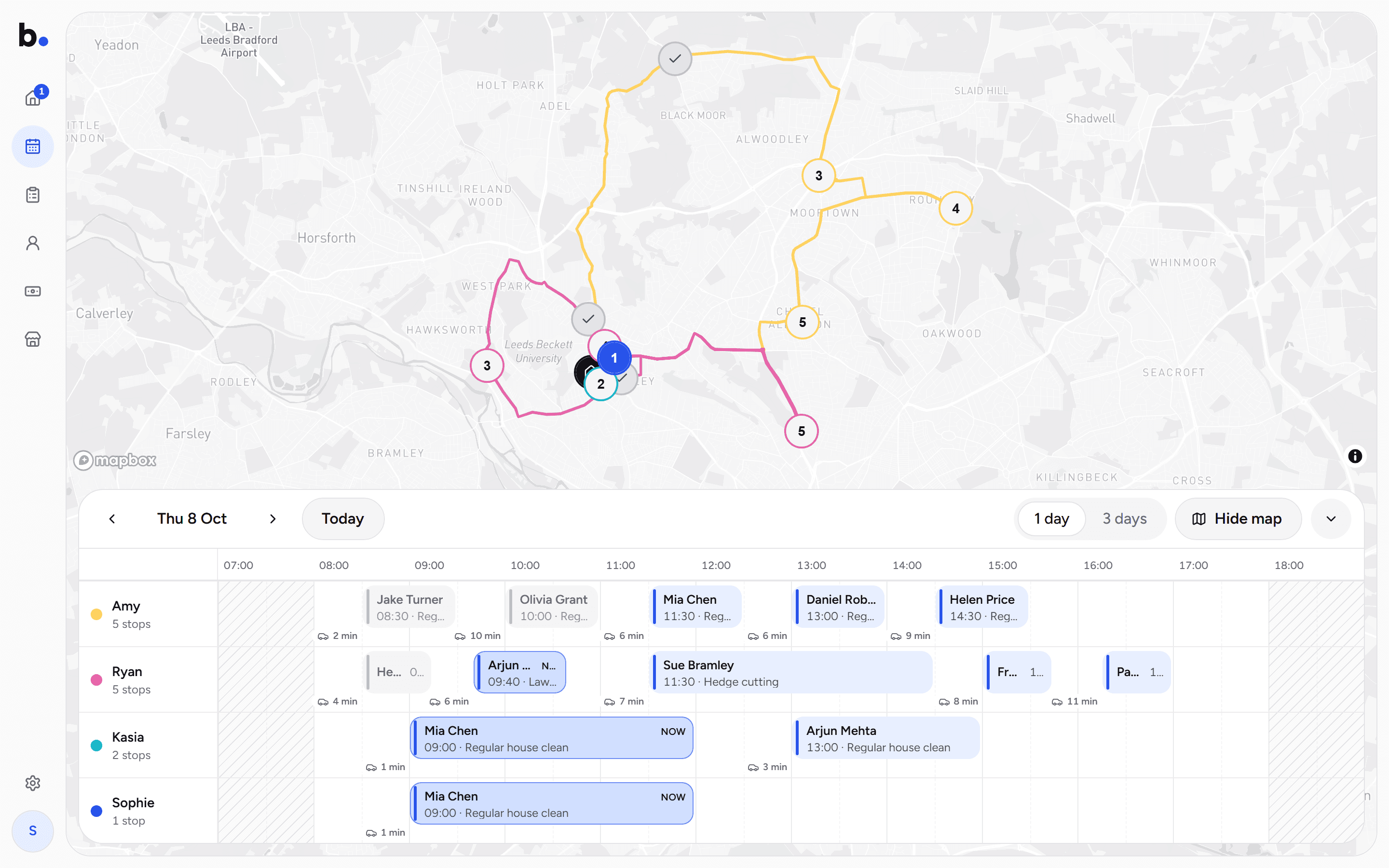 The Schedule: the team timeline beside a map of the day